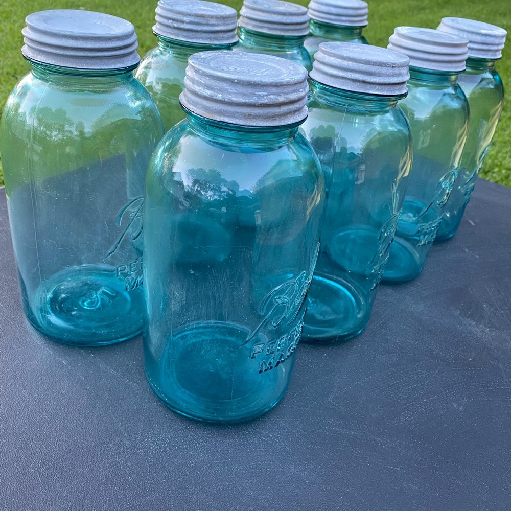 Set of 8 1/2 Gallon Vintage(1910) Ball Glass Jars with Original Zinc Lids